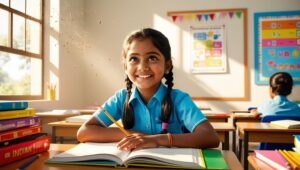 A nine-year-old girl sits at a classroom desk, smiling happily.